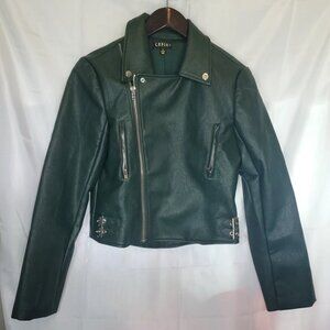 Cefian Dark Green Faux Leather Moto Biker Jacket - Size S